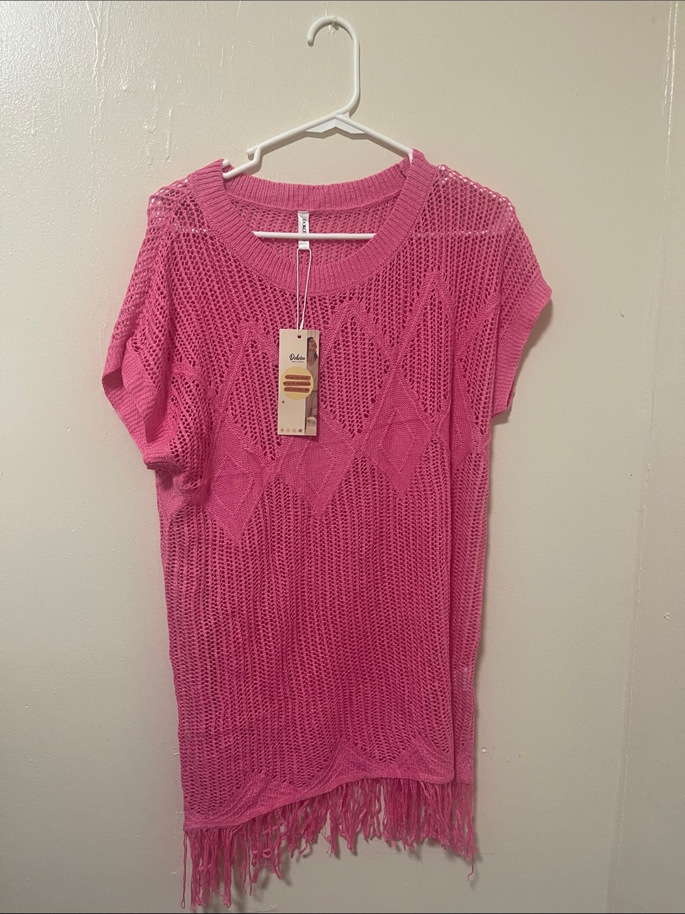 Boho Open-Knit Fringe Tunic in Bright Pink